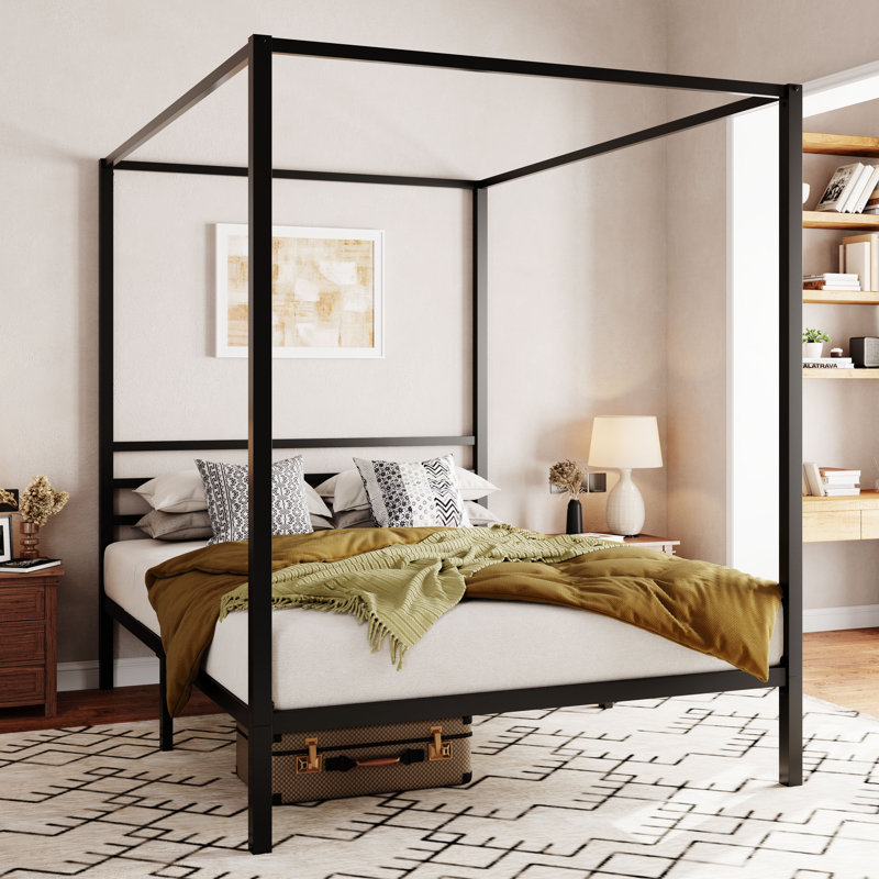 Brelle Metal Platform Canopy Bed, No Box Spring Needed Queen Black