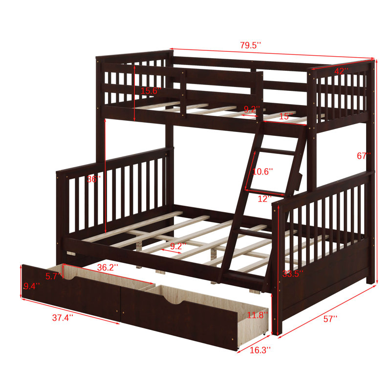 Twin Over Full Bunk Bed With Two Storage Drawers, Convertible Into 2 Beds, Solid Wood Bunk Bed With Ladder And Guardrails
