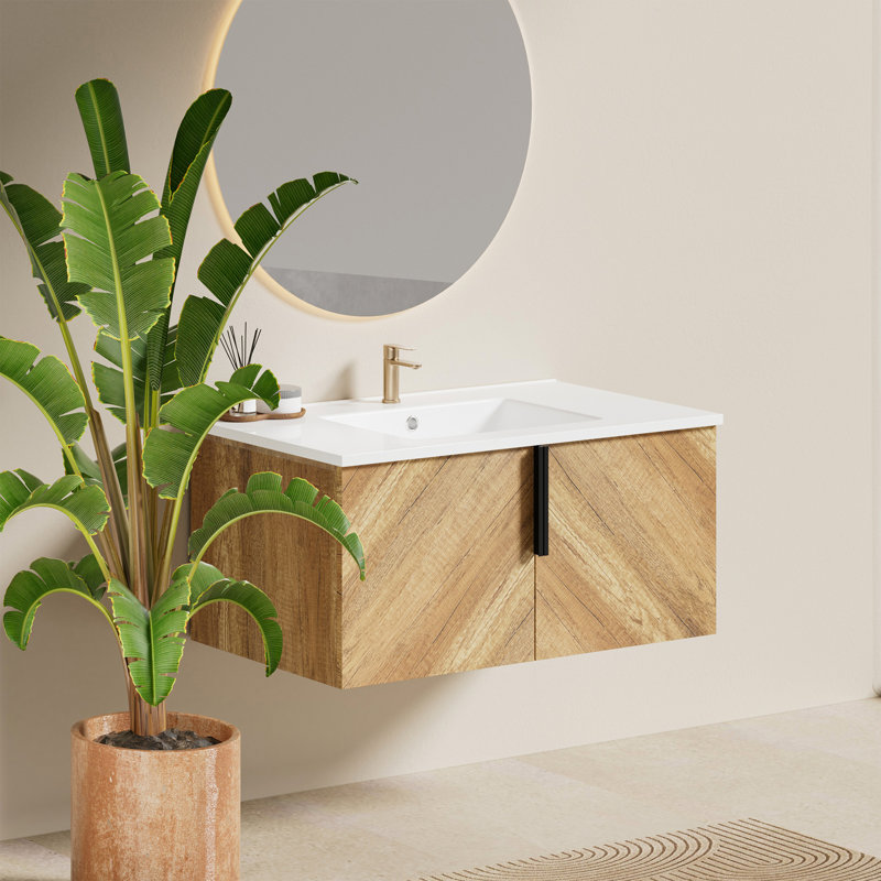 36"  Wall-Mounted Floating Single Bathroom Vanity Set With White Ceramic Sink And Chevron Wood Grain Cabinet, 36'', White