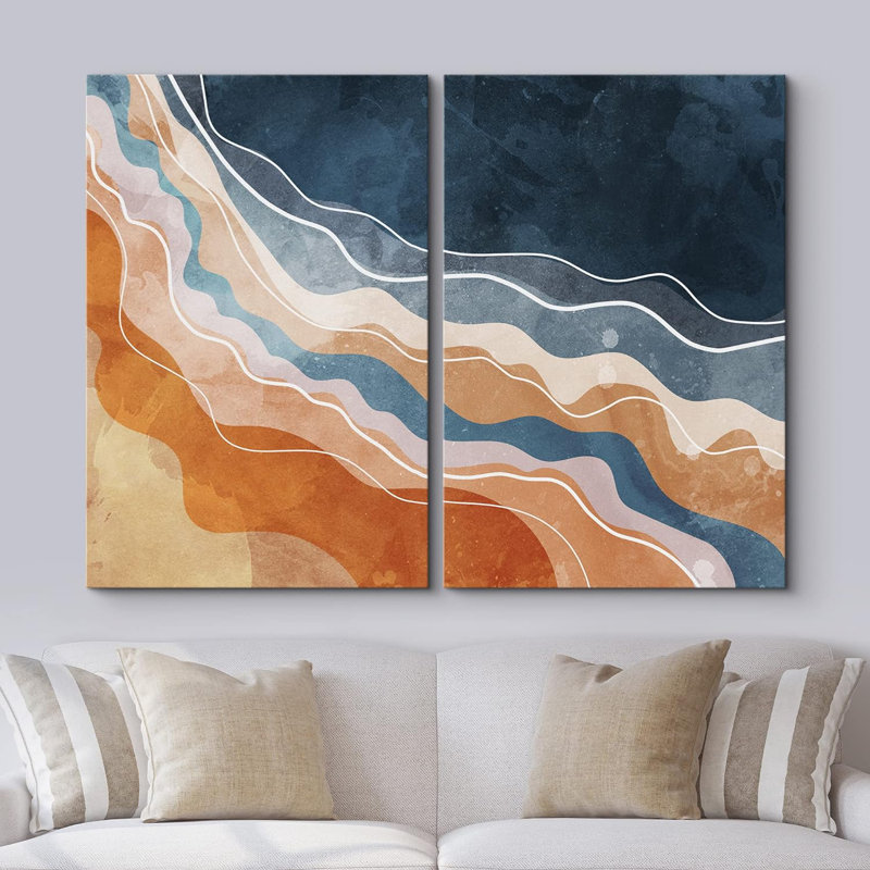 Reproduction de formes abstraites sur toile à motif d'aquarelle bleu marine, orange et blanc, 2 pièces, Toile tendue