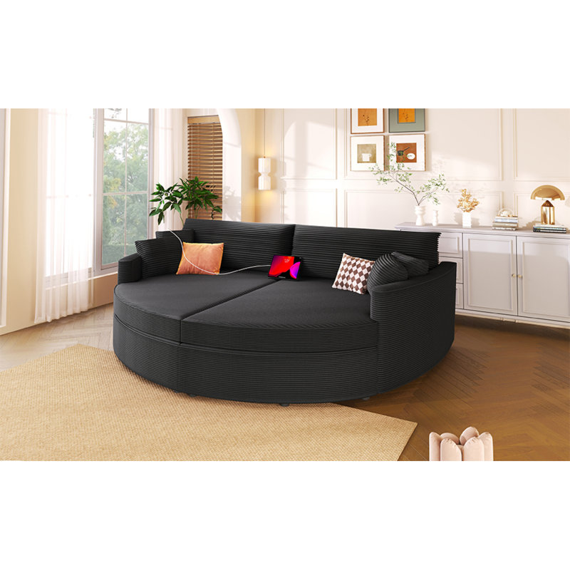 Très grand canapé-lit double avec méridienne de 102,3 po avec siège profond et ports USB pour le salon, noir, Noir