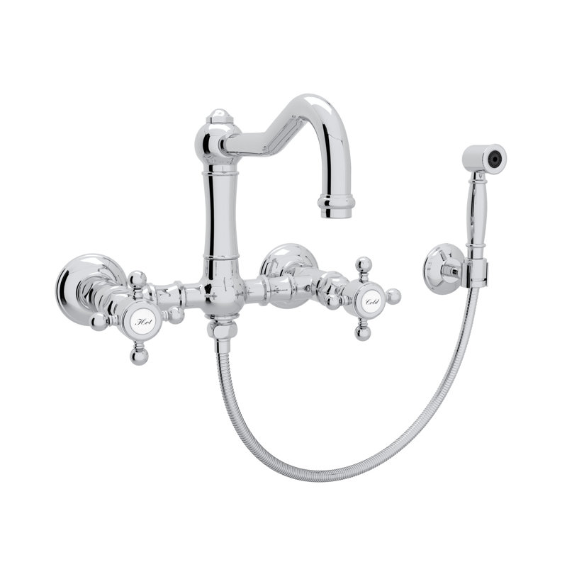 Acqui Wall Mount Bridge Kitchen Faucet With Sidespray And Column Spout, Lever Handle, Polished Chrome