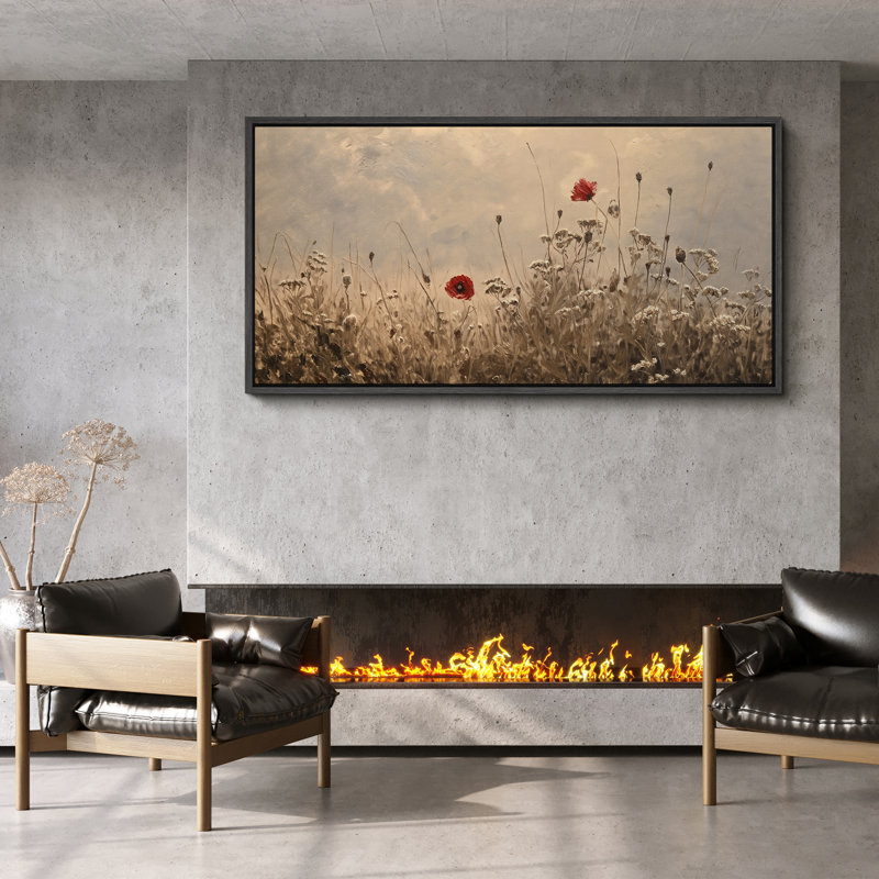 Coquelicots rouges dans un champ chaud sous une douce lumière du matin - reproduction d'art sur toile encadrée, Noir