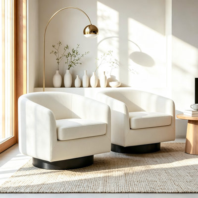 Frankie Upholstered Beige Cotton Blend Swivel Barrel Chair with Solid Wood Base