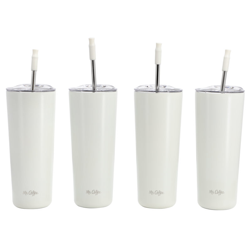 Ensemble de 4 gobelets Mr. Coffee de 680 ml (23 oz) en acier inoxydable avec couvercles et pailles, blanc, 23 fl oz, White