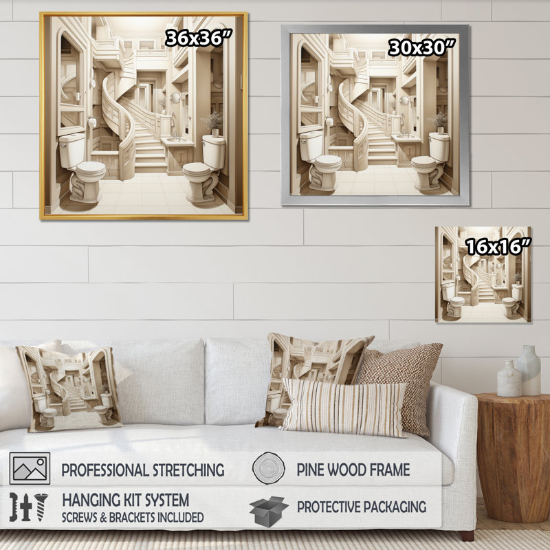 Beige Toilet Minimalist II - Bath & Laundry Canvas Print, Cadre photo blanc, H 30 po x l 30 po x P 1 po