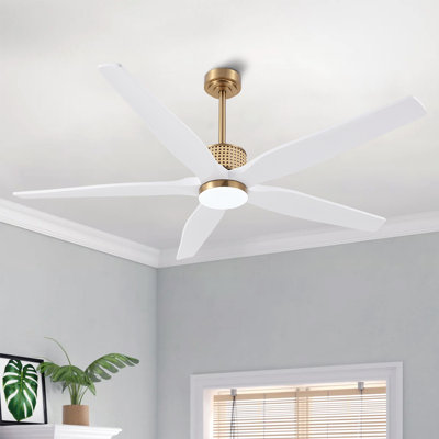 60 pouces Ventilateur de plafond intérieur réversible à 5 vitesses avec 5 pales en bois massif, tiges verticales de 4,5 po / 12 po avec ensemble d'éclairage et télécommande, pales blanches