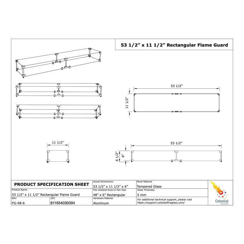 Rectangle Fire Pit Wind Guard , 53" W x 11" D x 6" H
