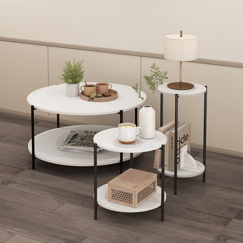 Table basse Furinno Besi moderne à 2 niveaux avec pieds robustes en métal, noir, Blanc