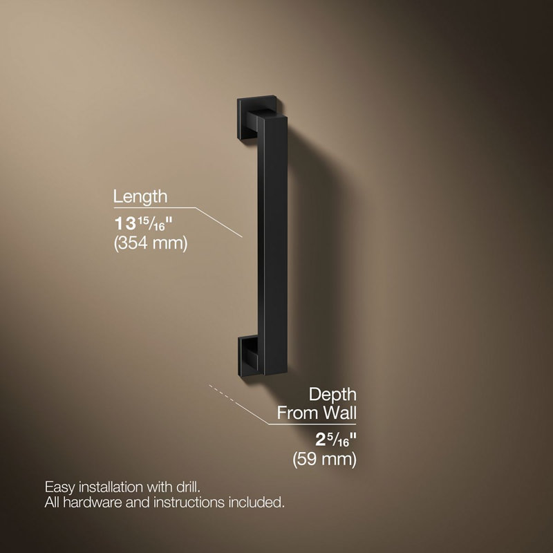 Square Metal Grab Bar for Shower, Bathroom Safety Grab Bar, Tub Rail, 14" W, Matte Black