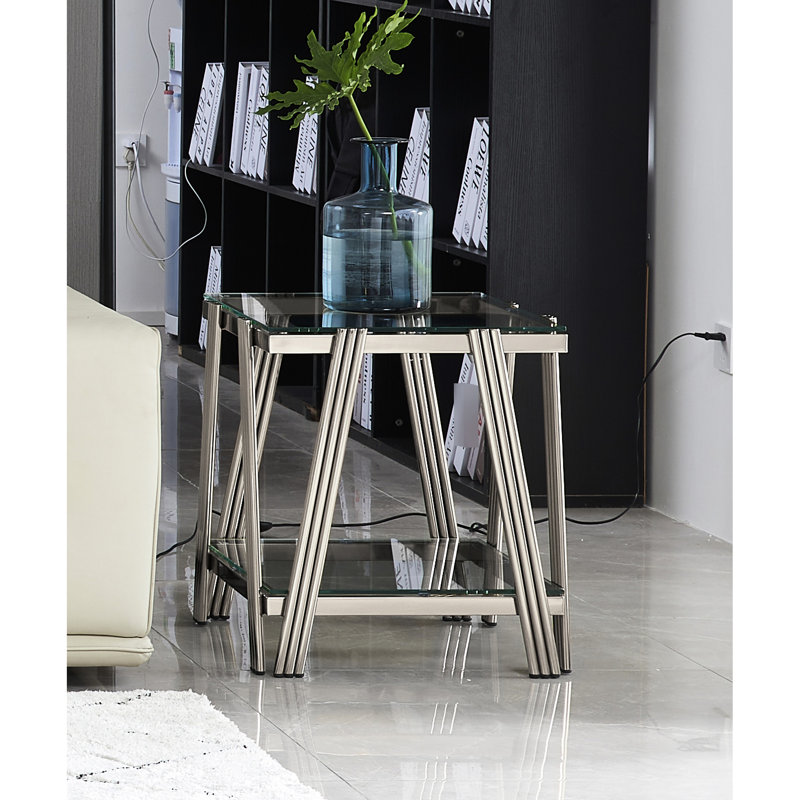 Table d'appoint moderne carrée de 20 pouces, surface en acier inoxydable et en verre trempé, table de bout avec rangement pour le bureau à domicile, verre argenté de 20 po, bureau