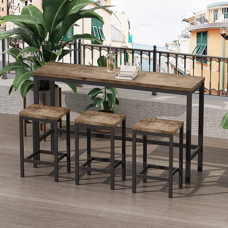 Francestown Long Dining Table Set With 3 Stools Pub Kitchen Set Side Table With Footrest,dining room set,dining table set