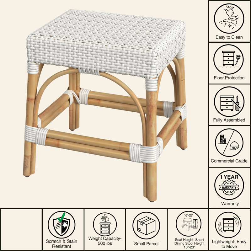 Robias Rattan 18" Dining Stool, Glossy White/ Natural Rattan Frame
