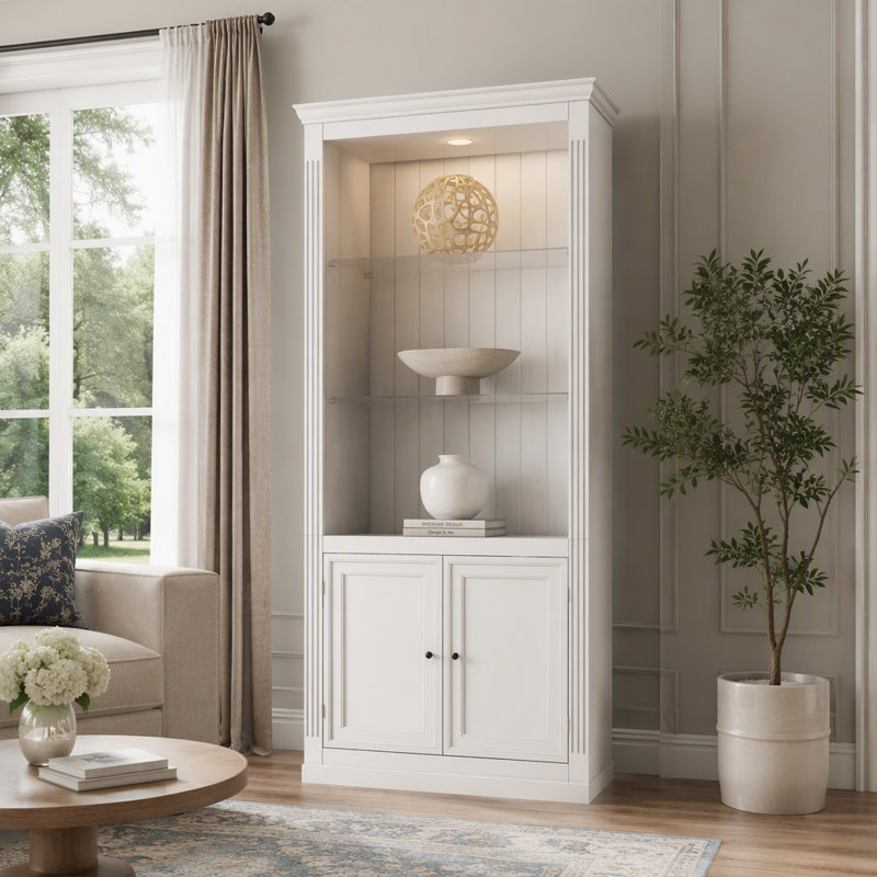 Étagère de style ferme autoportante avec éclairage de plafond à intensité variable et portes de rangement en verre ajustables pour une utilisation à domicile ou au bureau.