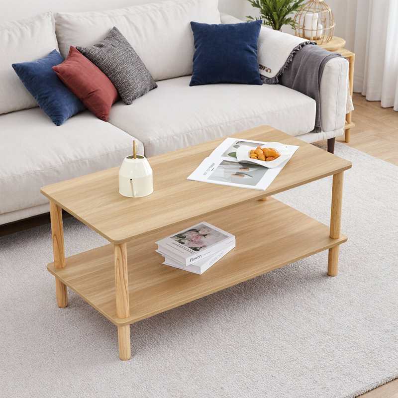 Table basse moderne avec tablette à 2 niveaux, pieds en bois d'hévéa naturel, table centrale rectangulaire en bois aggloméré pour le salon, assemblage facile en 5 minutes