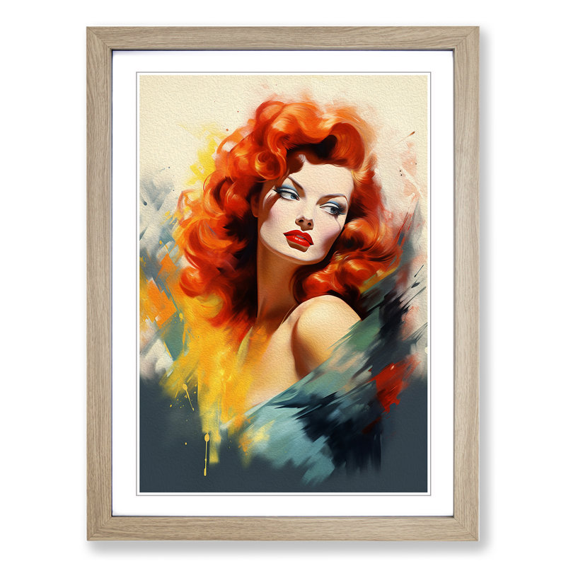 Red Headed Woman Modern - Single Picture Frame Print on Wood, Oak Framed, 34cm H x 25cm W x 2cm D
