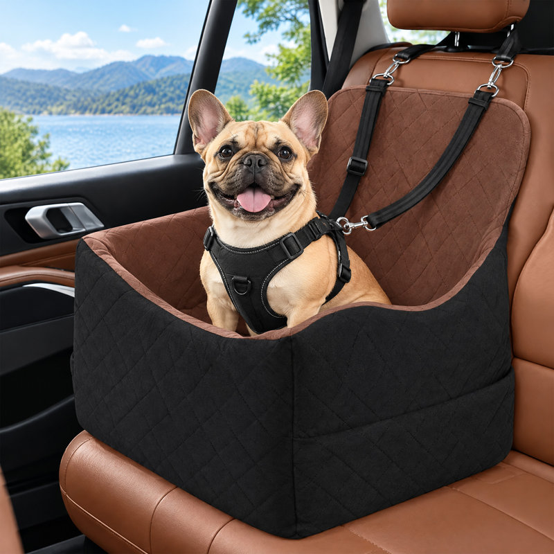 Siège d'appoint de voiture pour chien double saison avec mousse à mémoire de forme, housse lavable et attache de sécurité pour les voyages avec petits chiens