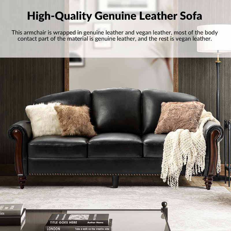 Ardil 84" Genuine Leather Sofa with Nailhead Trim, Black