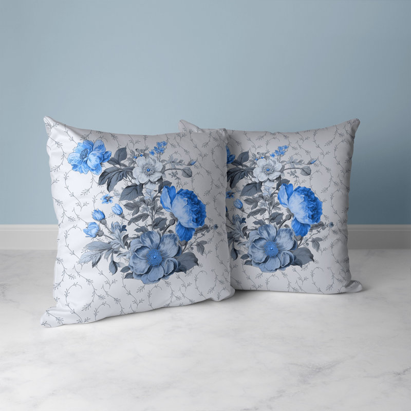 Indoor / Outdoor Floral Square Cushion, 46cm H x 46cm W, Blue/Grey Floral