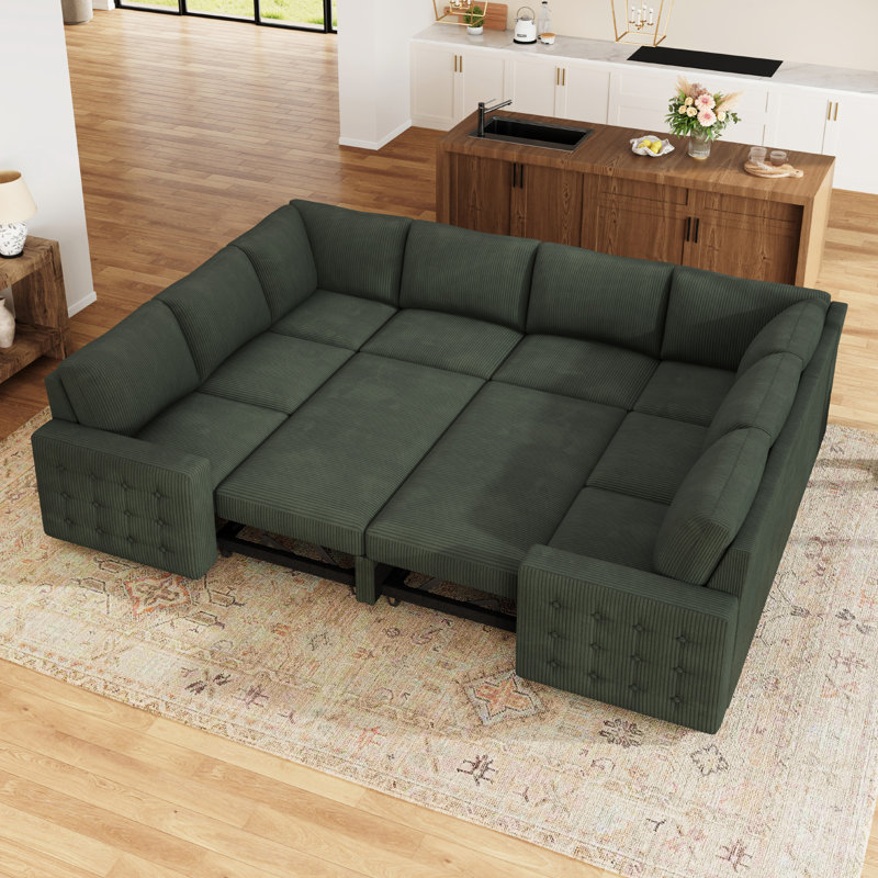 Rundey U-shaped Sleeper Sectional Corduroy Sofa Bed With Storage Space, Green Corduroy 