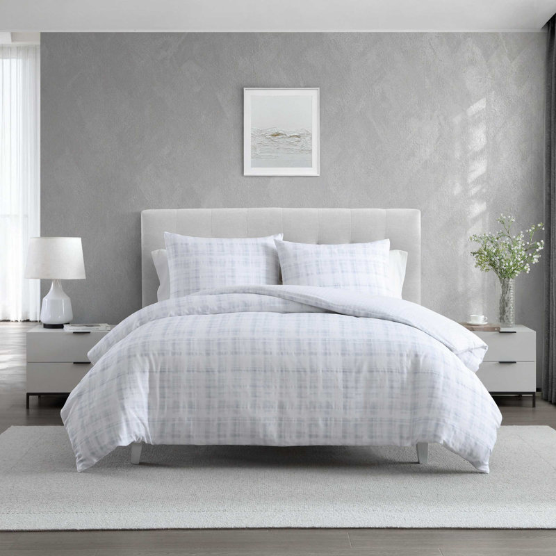 Vera Wang Blurred Plaid Cotton Reversible Blue Duvet Cover Set, King Duvet Cover + 2 King Shams