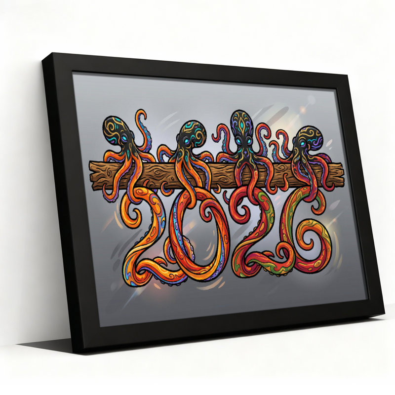Tableau sur toile « Octopus 2026 » (1 pièce), H 20 po x l 30 po, Impression encadrée sans passe-partout, Noir