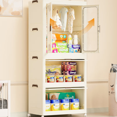 Portable Clothes Storage Cabinet, 4 , Hanging Rod, White, For Bedroom Neatness Polypropylene Wardrobe With Magnetic Doors And Large