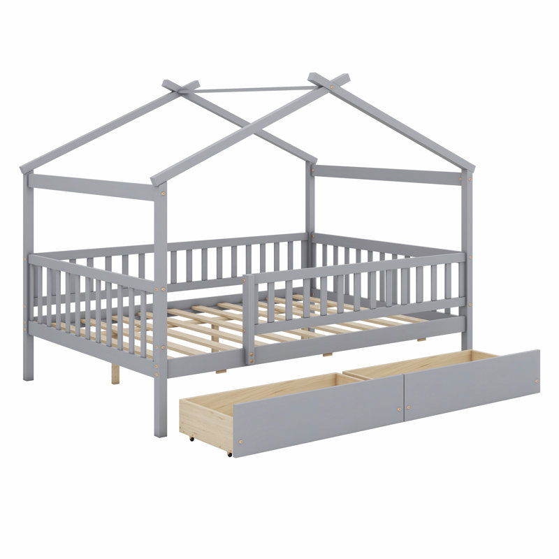Lit en bois avec deux tiroirs, Gris