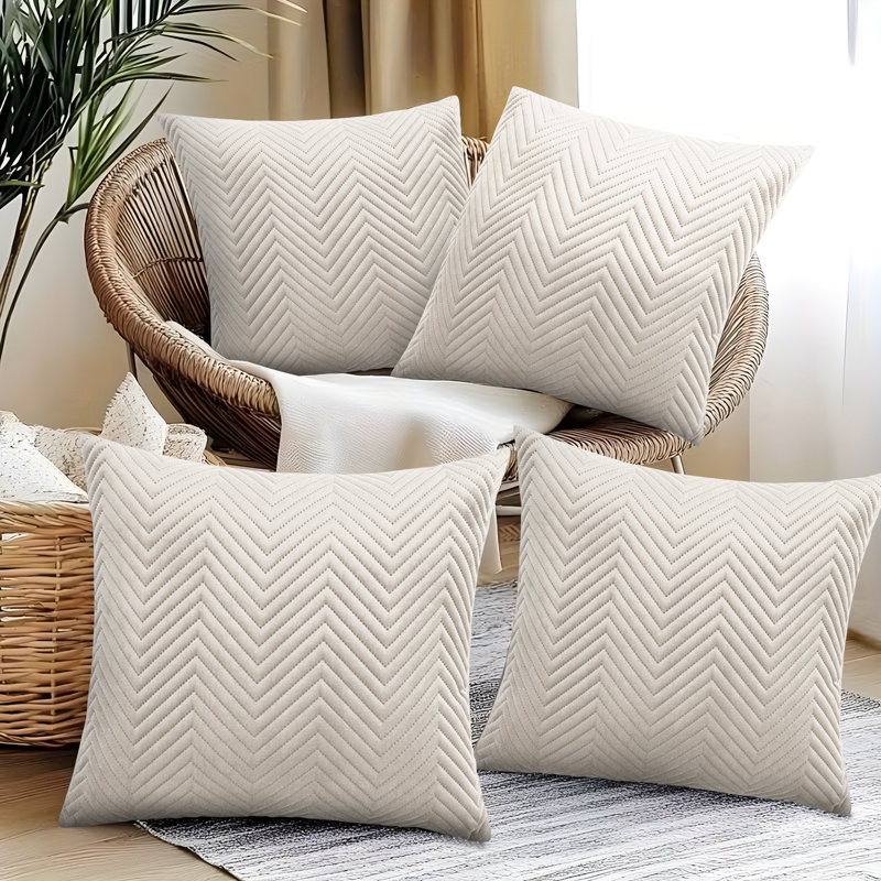 Embossed Quilted Pattern Velvet Cushion Cover (Set of 4), Beige