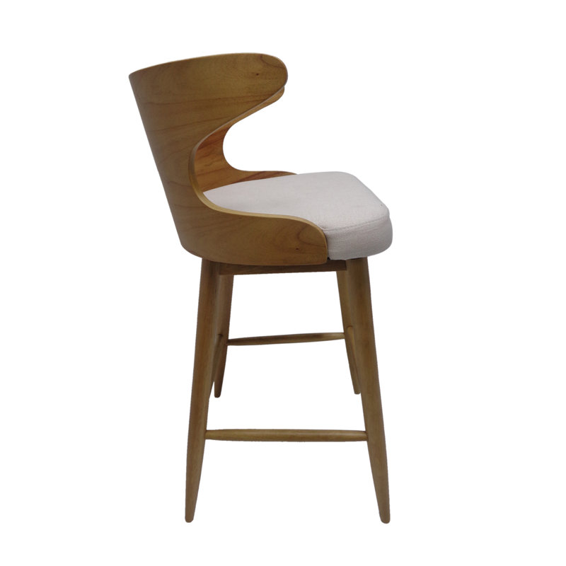 Light Beige Upholstered Wood Mid-Century Modern Barstools, Set of 2