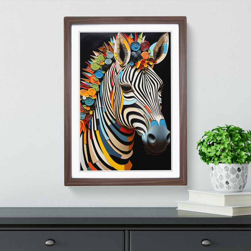XYZ-FRM-V1223-1742 Zebra Orphism - Single Picture Frame Print on Wood, 64cm H x 46cm W x 2cm D, Walnut 