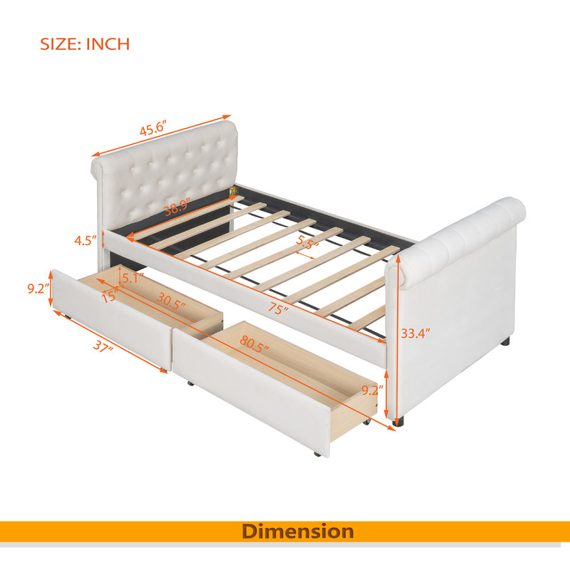 Lit de jour simple tapissier avec tiroirs, support en lattes de bois, Beige