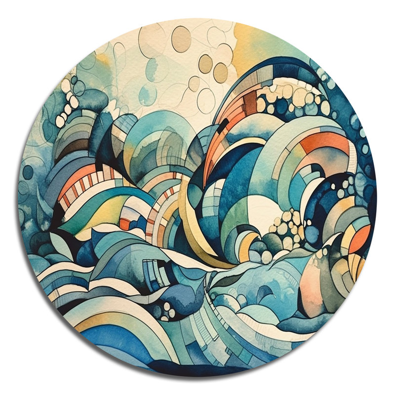«Blue and orange», art mural rond abstrait géométrique sur métal, H 16 po x l 16 po x P 1 po