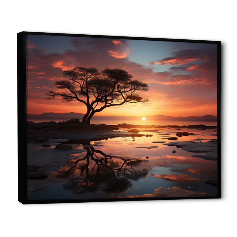 Coucher de soleil harmonie en Afrique - art mural sur toile Sunset, Cadre flottant noir, H 16 po x l 32 po x P 1 po