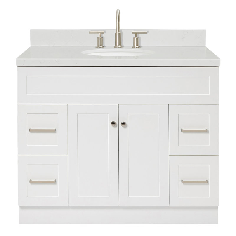 Meuble-lavabo sur pied simple 42 po avec plateau en quartz Abell, Oval, Blanc