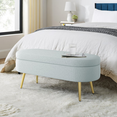 Ottoman Oval Storage Bench, Flannel with Metal Legs-Cyan(43.5"x16"x16")