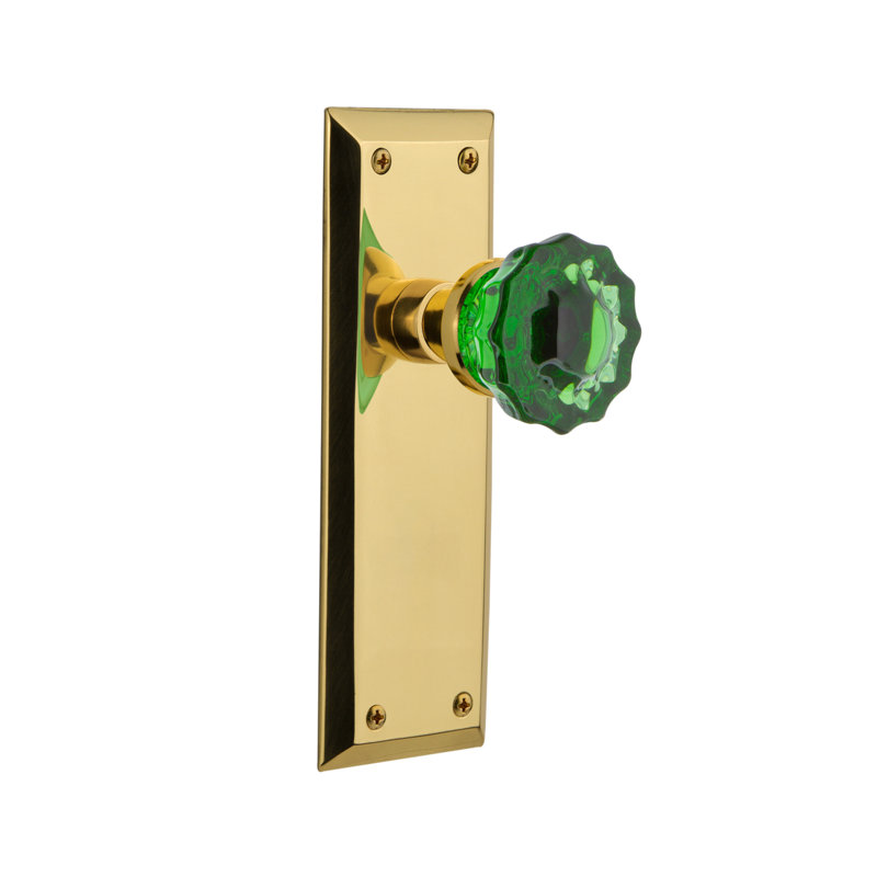 New York Plate with Crystal Emerald Door Knob, Unlaquered Brass, 2 3/8