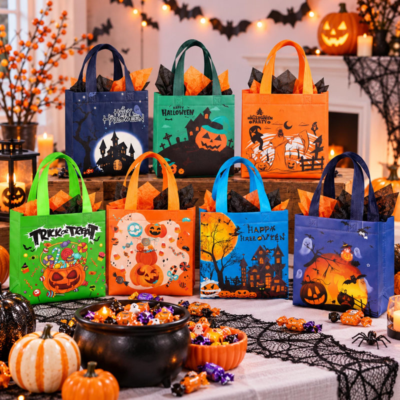 Paquet de 8 sacs fourre-tout non tissés avec poignées Halloween