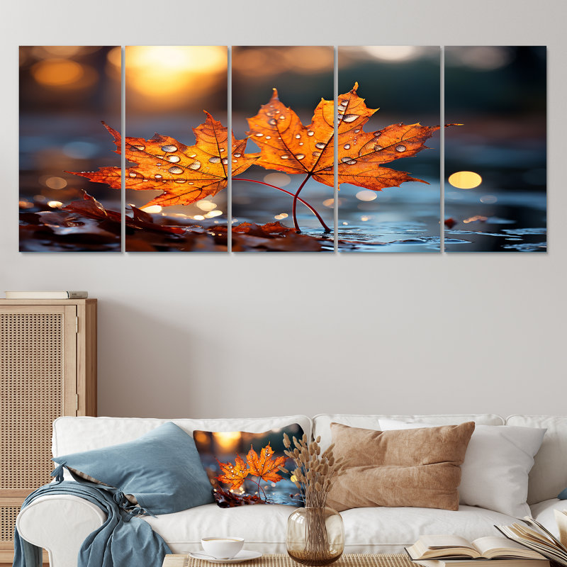 «Orange Autumn Maple Leaves III», ensemble d'art mural 5 pièces érable, H 28 po x l 60 po