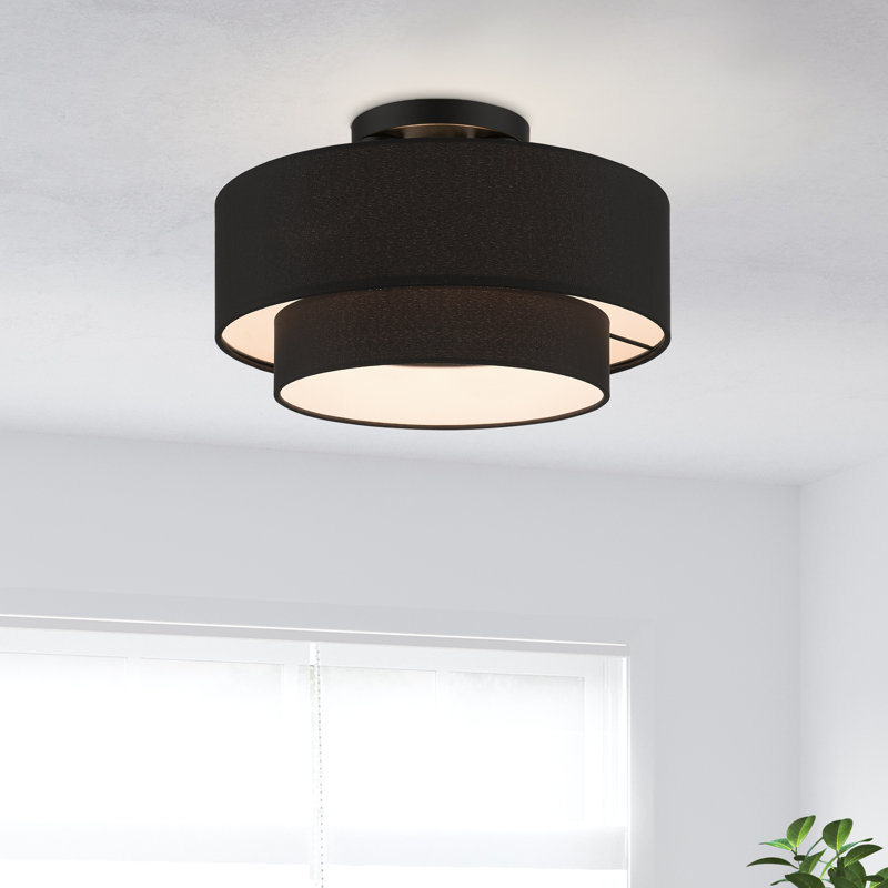 Bhagipuri Linen Blend Semi Flush Mount, Black, 8.75" H x 15" W x 15" D, Black