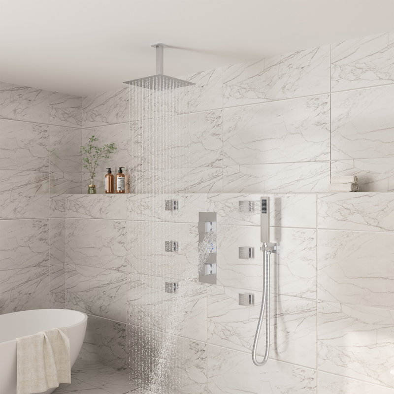 Système de douche thermostatique à 3 fonctions avec 6 jets de corps et valve brute, Nickel brossé