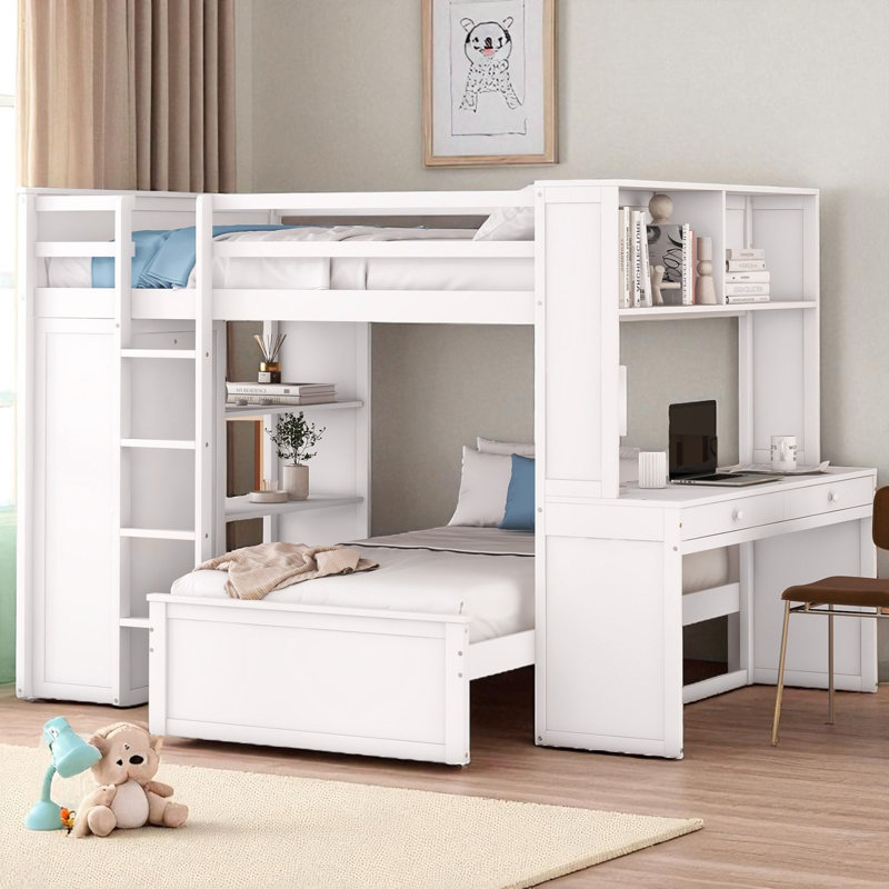 L - Shape Bunk Bed With Built-In Desk And Wardrobe, White, Full Over Twin
