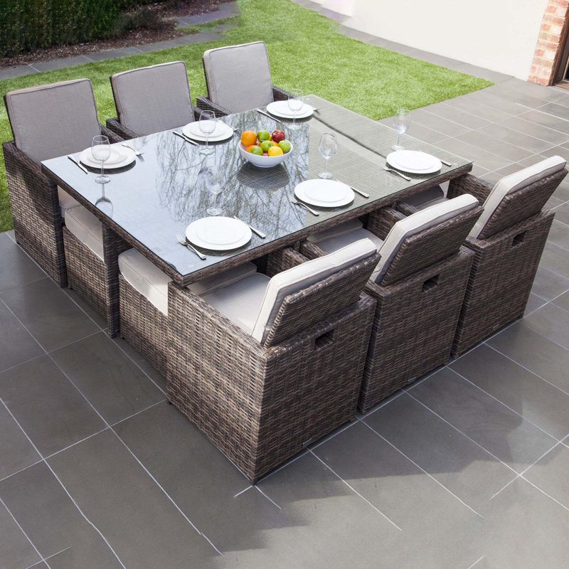 Amher 10 - Person Wicker Patio Dining Set with Rectangular Table , Cushions Included, Beige, Brown