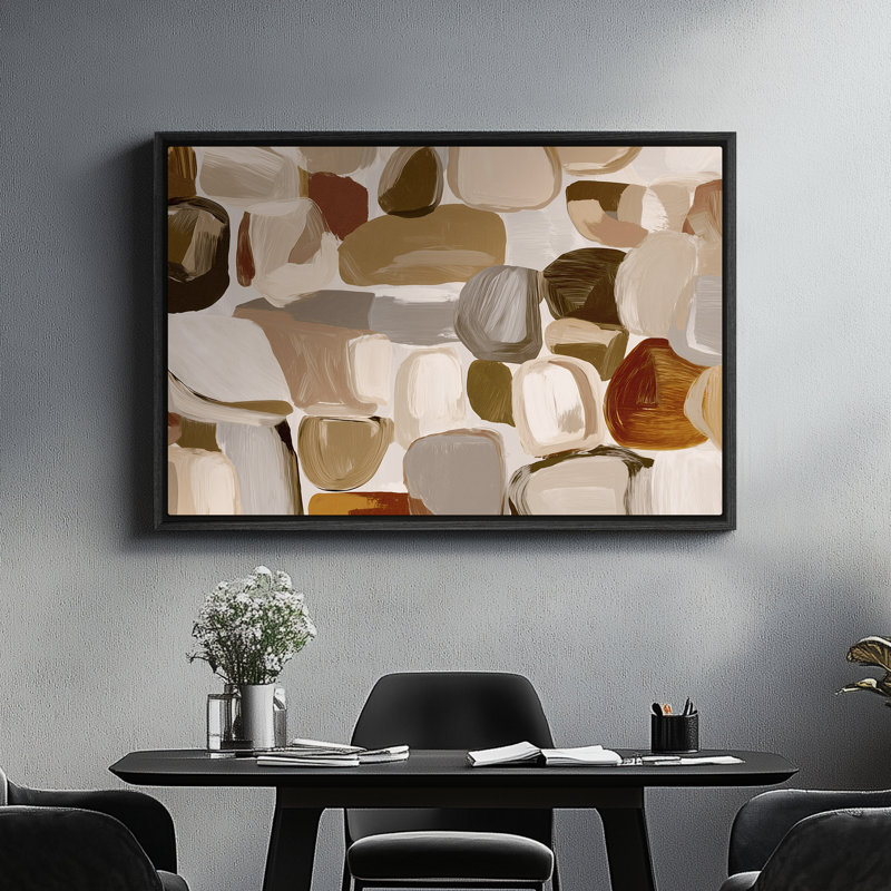 Art mural encadré - Formes de galets abstraits neutres en beige et brun - 16 po x 24 po, 24 po x 36 po, 24" H x 36" W, Black