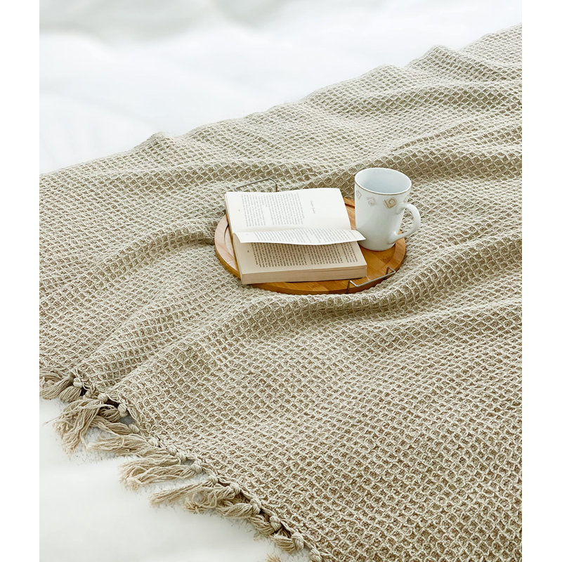 Beige Cotton Waffle Weave Lightweight Throw Blanket