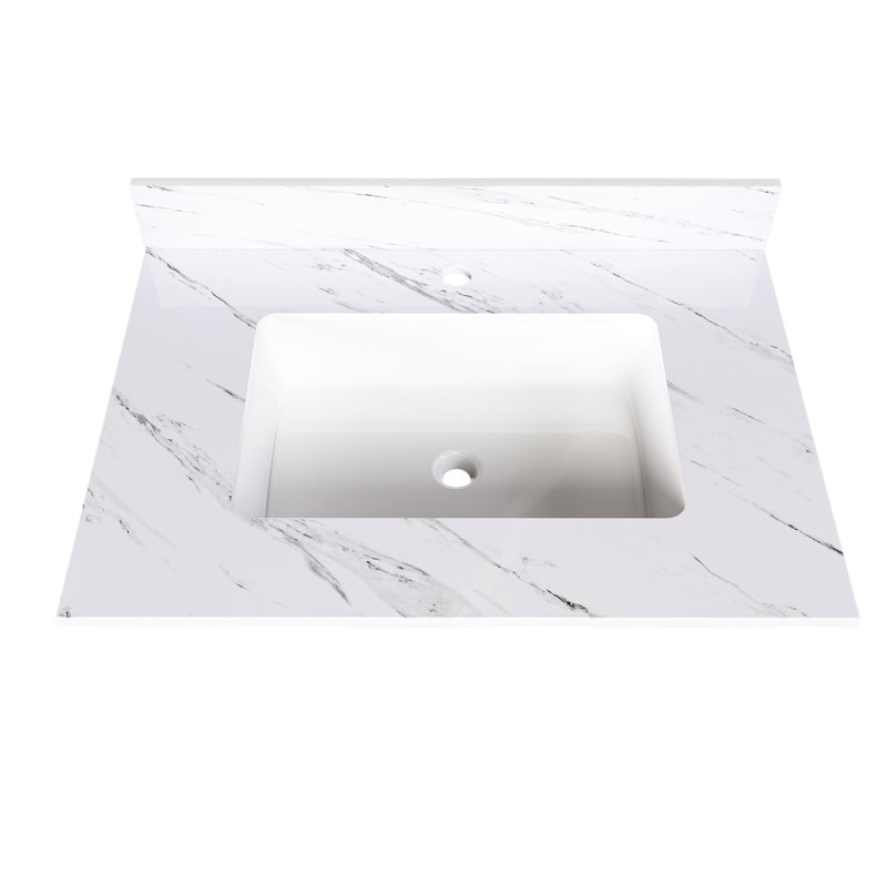 Dessus de meuble-lavabo blanc semblable au marbre 31 po - Pierre frittée de salle de bain avec lavabo rectangulaire, dosseret de 4 po, trous de robinet pré-percés impeccables et élégant encastré pratique