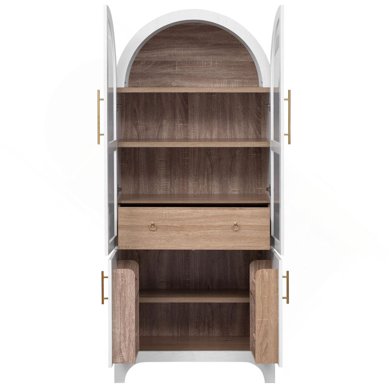 71" Tall Arched Kitchen Pantry Cabinet with Door Shelves, Farmhouse Kitchen Storage Cabinet with Open & Adjustable Shelves, Hidden Drawer & Glass Door, Cupboard for Kitchen, Dining Room