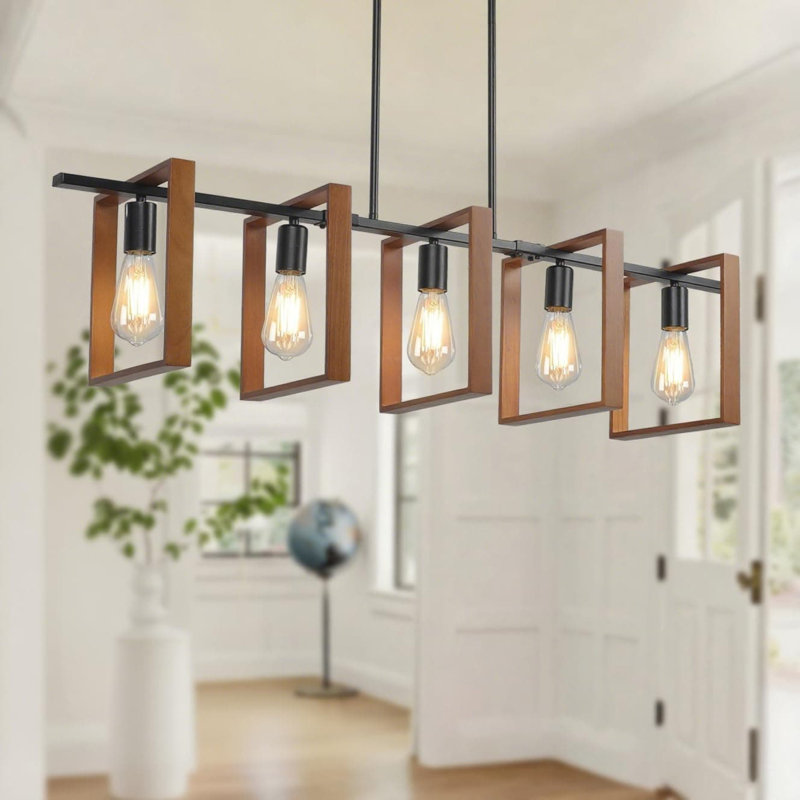 Lustre de ferme 5 lumières avec hauteur réglable, bois rustique et îlot de cuisine en métal noir pour salle à manger