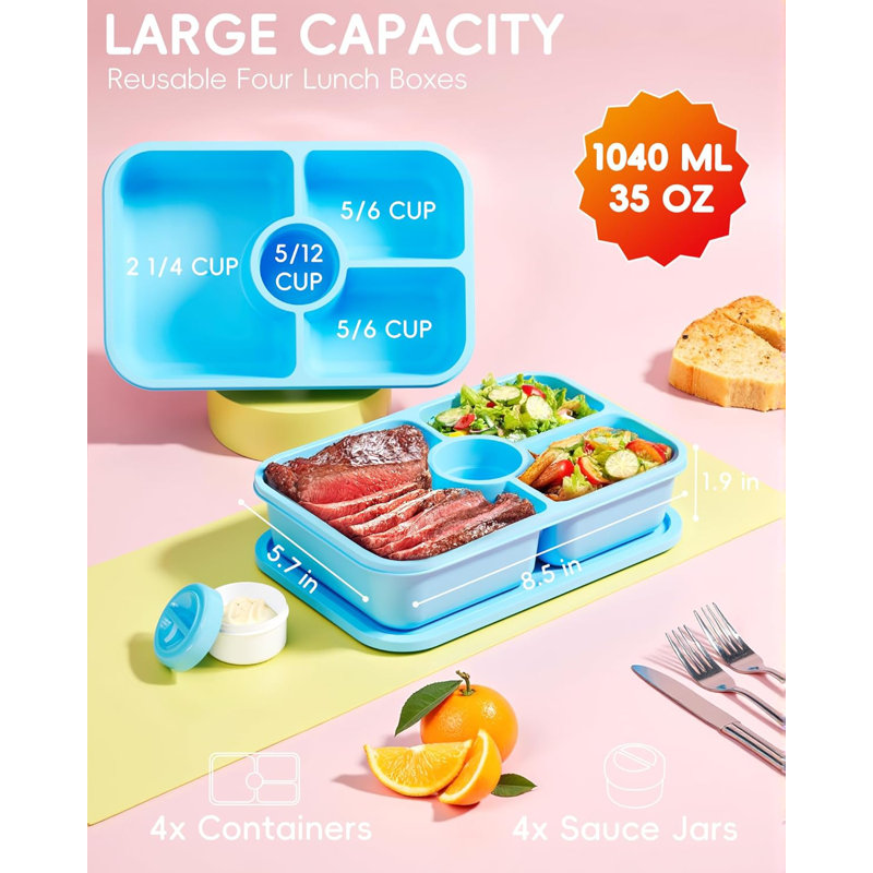 Boîte à bento 1100 ML à 3 + 1 compartiments - contenant pour préparation de repas avec couvercle