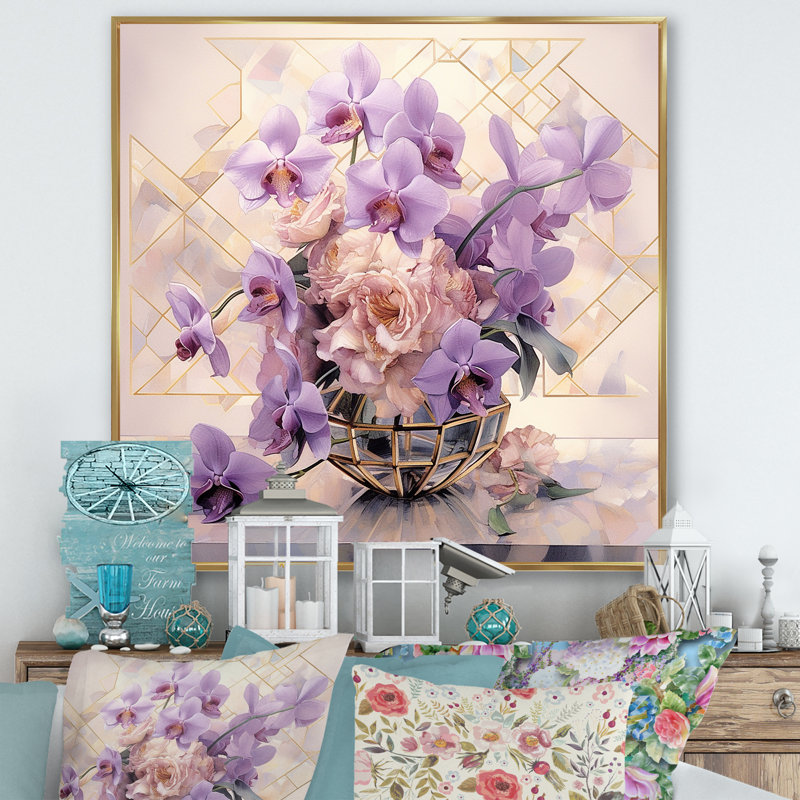 " Elegant Geometry Purple Bouquet I ", Gold Floater Framed, 24" H x 24" W x 1" D